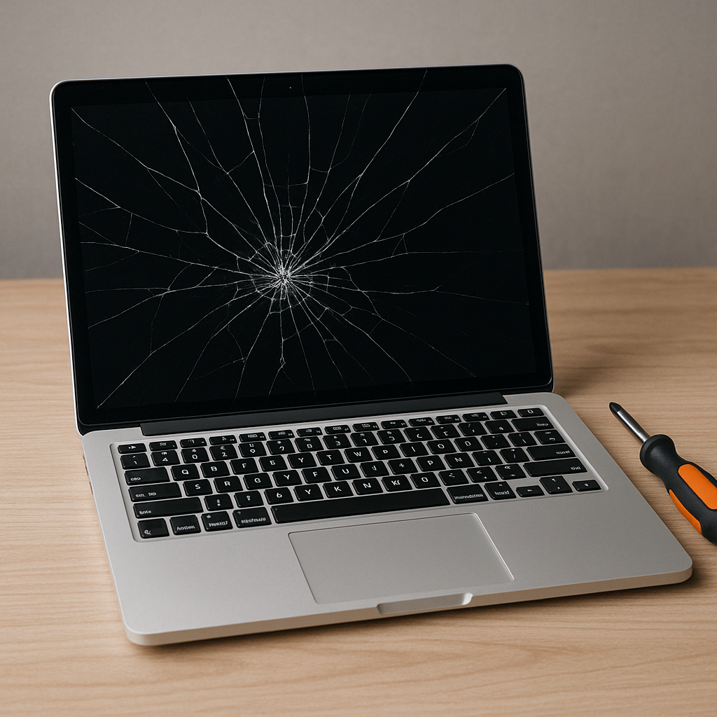 Broken computer with cracked screen